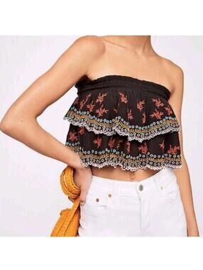 Free People Hi Honey Embroidered Tube Top Small Eyelet Strapless Black Multi #X